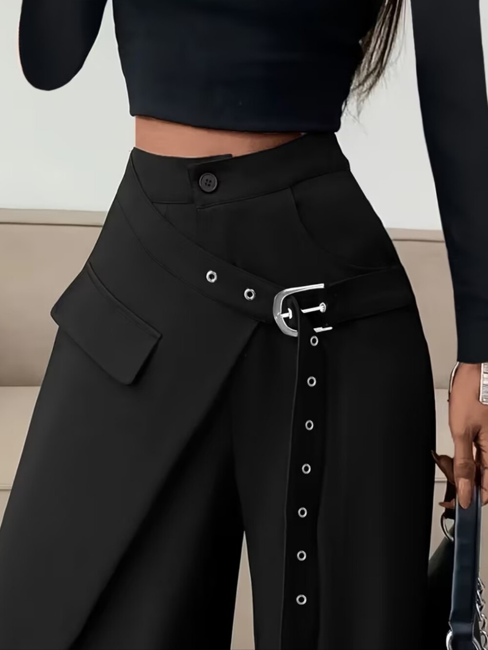 Wide-Leg Trousers with Asymmetrical Slant Pocket & Diagonal Zipper Closure